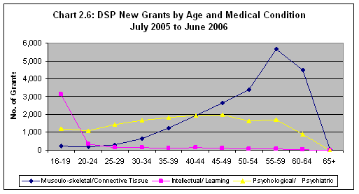 Chart 2.6: DSP New Grants by Age and Medical Condition July 2005 to June 2006 