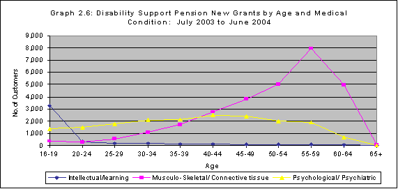 Graph 2.6: Disability Support Pension New Grants by Age and Medical Condition: June 2003 to June 2004