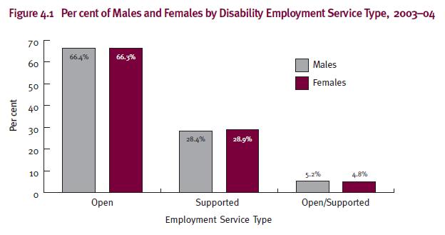 Figure 4.1 Per cent of Males and Females by Disability Employment Service Type, 2003–04 
