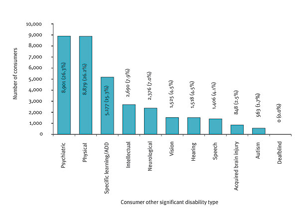 This figure shows all open employment service consumers with an other significant disability, by other significant disability type, 2007-08