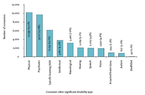 This figure shows all disability employment service consumers with another significant disability, by other significant disability type, 2007-08