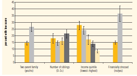 Figure 12: Proportion of children (K cohort) with low outcome scores by family characteristics