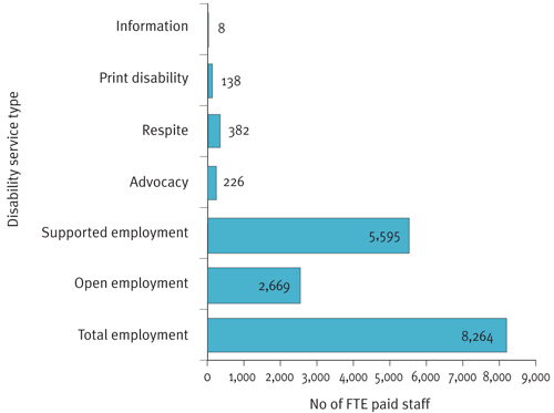 Figure 3.8: Disability service outlet type, by FTE paid staff, 2006-07