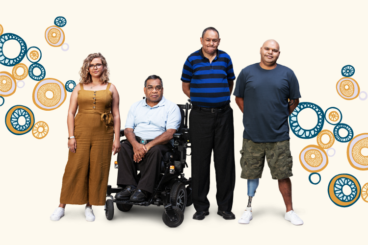 The image shows four people from Indigenous backgrounds. They have visible and invisible disability. One person is in a wheelchair and another has a prosthetic leg. They are in front of Indigenous artwork. 