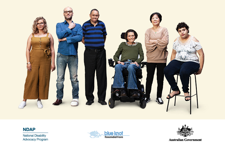 The image contains text that says Call the National Counselling and Referral Service on 1800 421 468. There are five people. They have visible and invisible disability. One person has a guide dog. Another person is sitting on a chair. They are positioned in a line