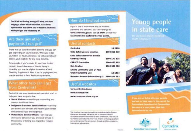 Centrelink Brochure targeting young people  transitioning from care
