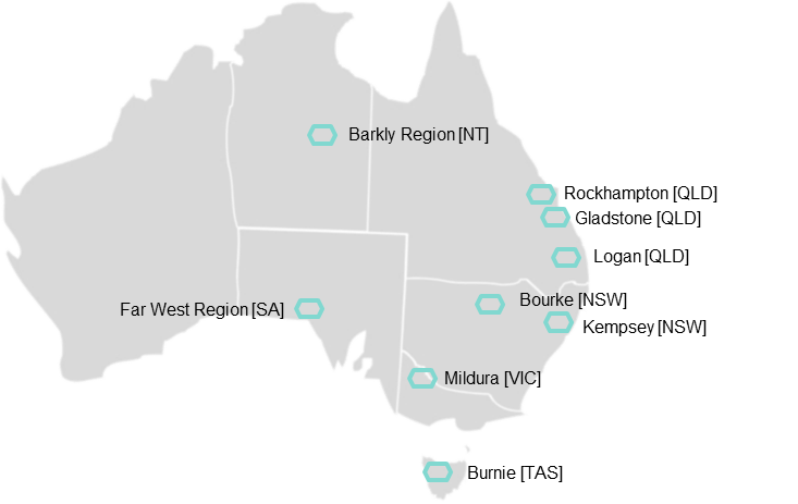 Stronger Places, Stronger People map of Australia showing the regions of  Logan, Rockhampton and Gladstone in Queensland, Bourke and Kempsey in New South Wales, Mildura in Victoria, Burnie in Tasmania, the Far West Region of South Australia (including Ceduna) and the Barkly Region (including Tennant Creek) in the Northern Territory