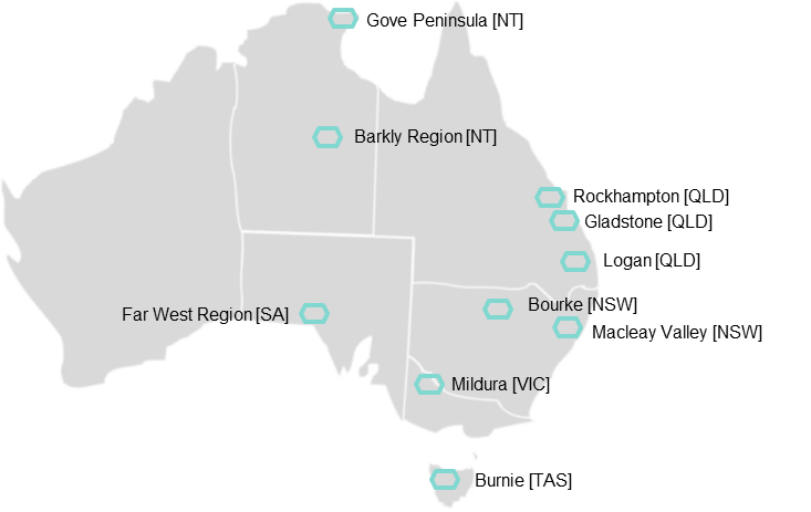 Stronger Places, Stronger People has commenced in 10 communities. These include: Logan, Rockhampton and Gladstone in Queensland; Bourke and the Macleay Valley (including Kempsey) in New South Wales; Mildura in Victoria; Burnie in Tasmania; the Far West Region of South Australia (including Ceduna); and the Barkly Region (including Tennant Creek) and Gove Peninsula in the Northern Territory.
