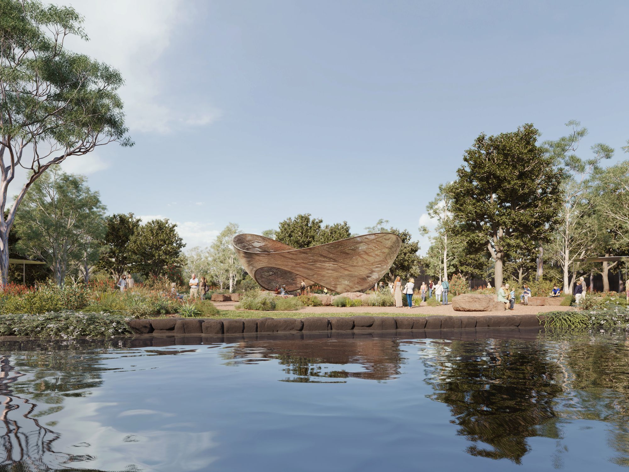Artist's impression of the National Memorial for Victims and Survivors of Institutional Child Sexual Abuse, featuring a metal sculpture among stone forms and native plantings.