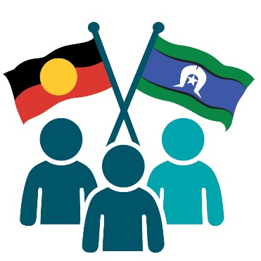 The Aboriginal and Torres Strait Islander flags above a group of people.