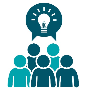 A lightbulb inside a speech bubble above a group of people.