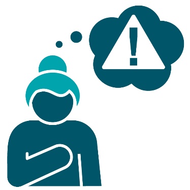 A problem icon inside a thought bubble next to a person with their hand on their chest.