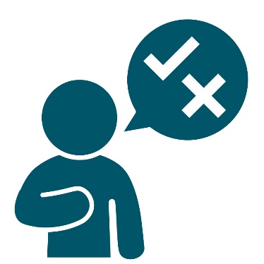 A tick and a cross inside a thought bubble next to a person with their hand on their chest.