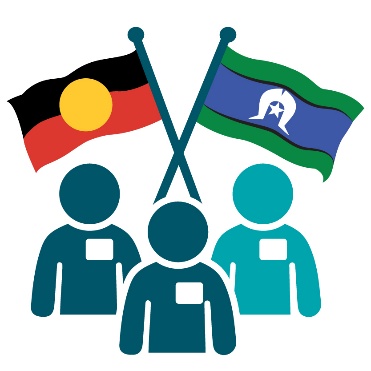 The Aboriginal and Torres Strait Islander flags above 3 people wearing name tags.