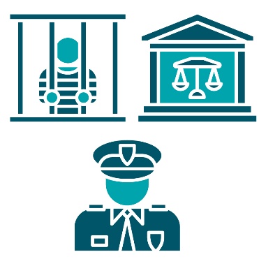 A set of 3 icons. The icons are a prison cell, a court building and a police officer.