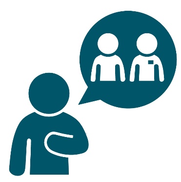 A person pointing to themselves. Next to them is a speech bubble with a person and a service provider in it.