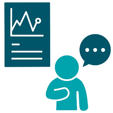 A document with a graph on it next to a person with a speech bubble.