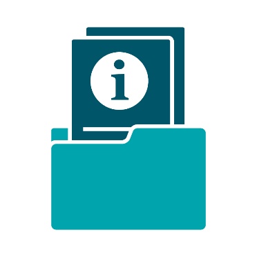 A folder with documents inside it. On the documents are information icons.