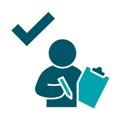 A tick next to a person holding a pen and a clipboard.