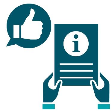 A person holding a document with an information icon on it. Next to it is a thumbs up inside a speech bubble.