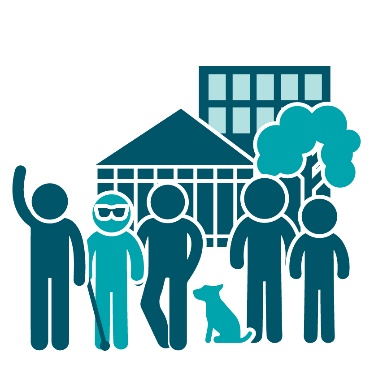 A diverse group of people in front of buildings and trees.