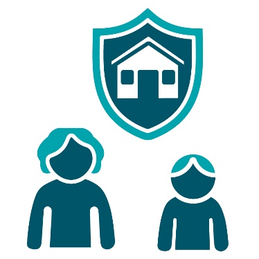 A woman and child next to a house inside a safety shield.