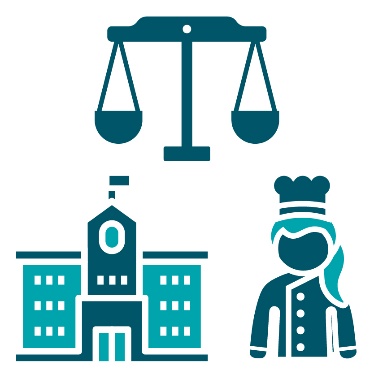 A set of 3 icons. The icons are justice scales, a school building and a person wearing a chef's uniform.