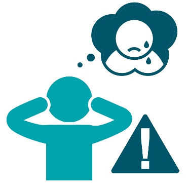 A problem icon next to a person with their hands on their head. Next to them is a person crying inside a thought bubble.