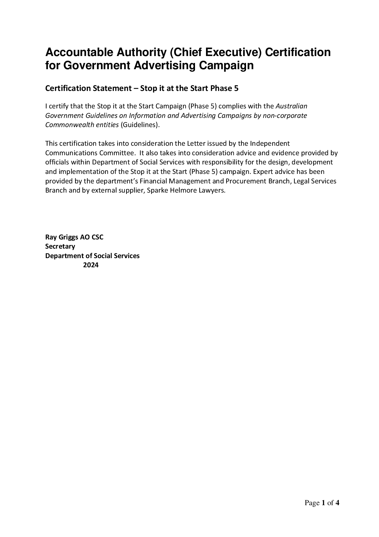 Campaign certification statement - Stop it at the Start Phase 5 ...