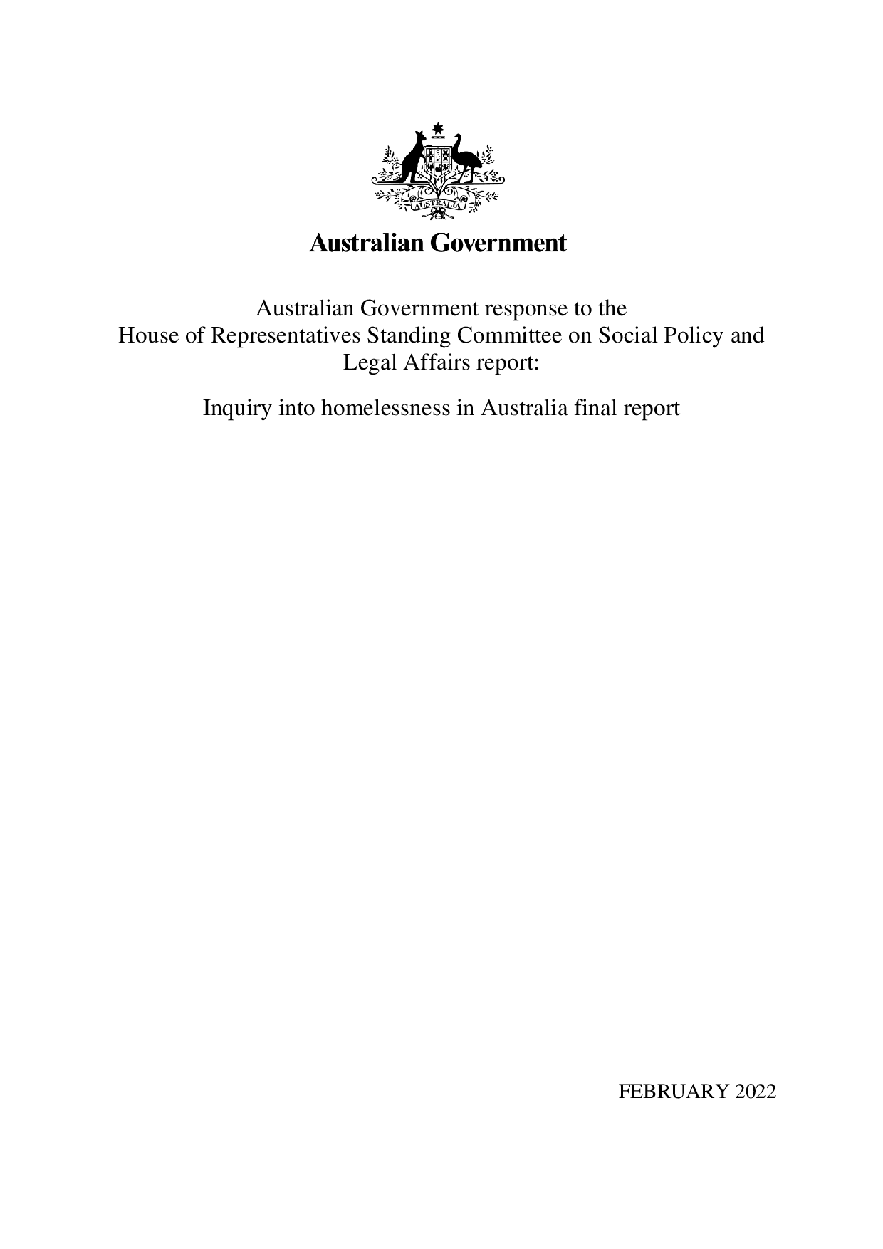 Australian Government response to the Inquiry into homelessness in ...