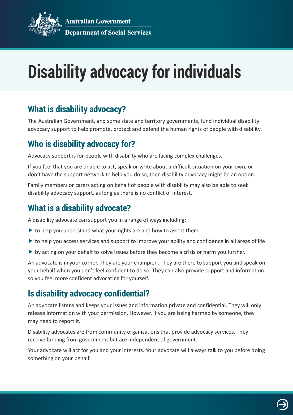 Disability advocacy for individuals fact sheet | Department of Social ...