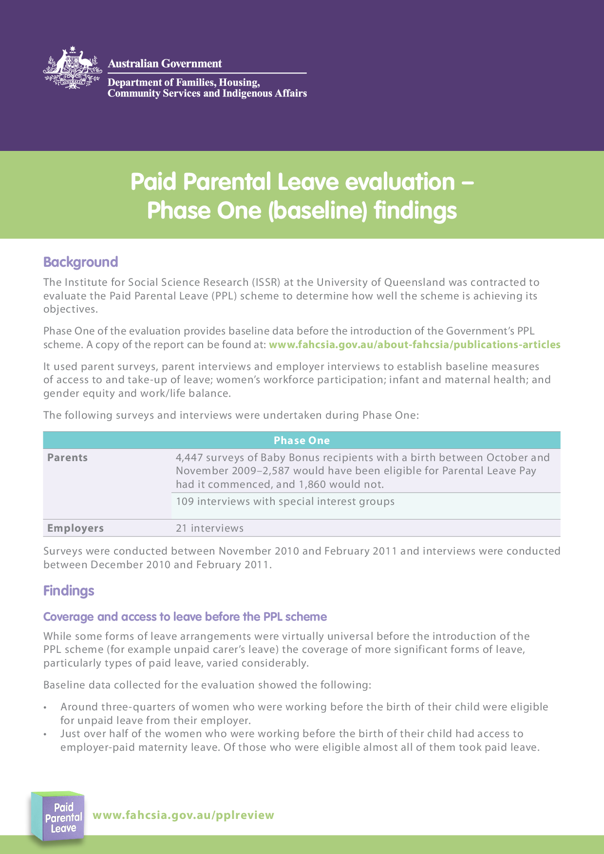 Paid Parental Leave evaluation – Phase One (baseline) findings ...