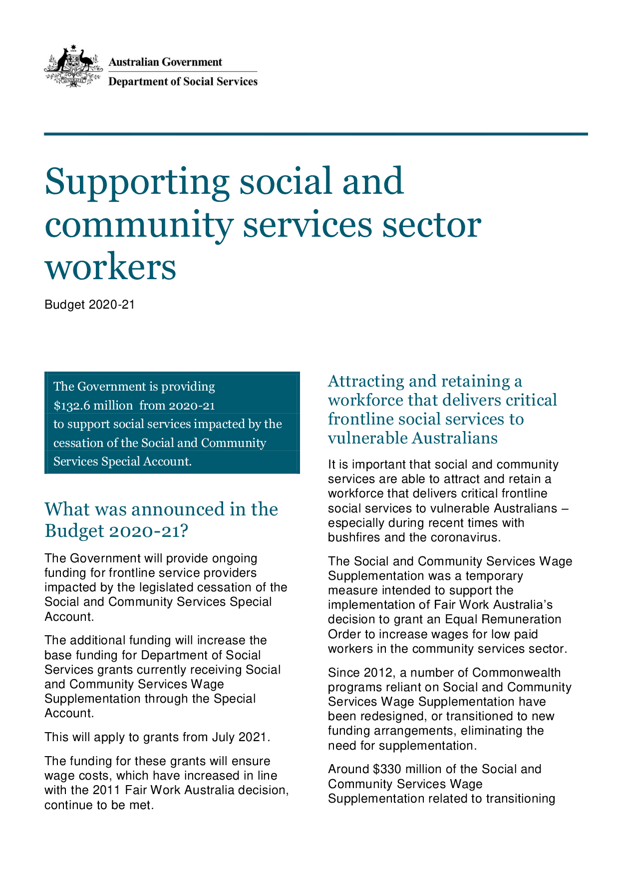 Budget 2020-21: Supporting social and community services sector workers ...