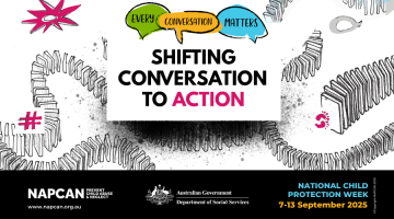 Drawings of dominos, stars and hashtags are shown. Text reads 'Every conversation matters, shifting conversation to action, National Child Protection Week 7-13 September'. NAPCAN and Department of Social Services logos are displayed.
