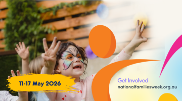 Photo of a happy child with butterfly face paint. Text reads 11-17 May 2026, Get involved: nationalfamiliesweek.org.au 