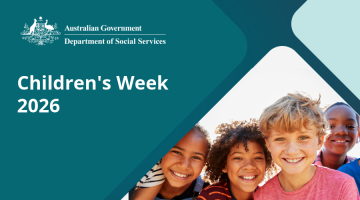Promotional banner for Children’s Week 2026. Four children are pictured outdoors. The Department of Social Services logo and the words "Children’s Week 2026" appear on a teal background.