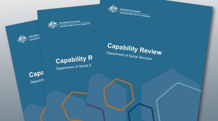 A blue report cover with the Australian Government crest for the APSC and the title Capability Review - Department of Social Services