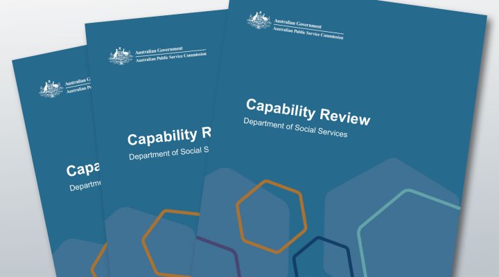 A blue report cover with the Australian Government crest for the APSC and the title Capability Review - Department of Social Services