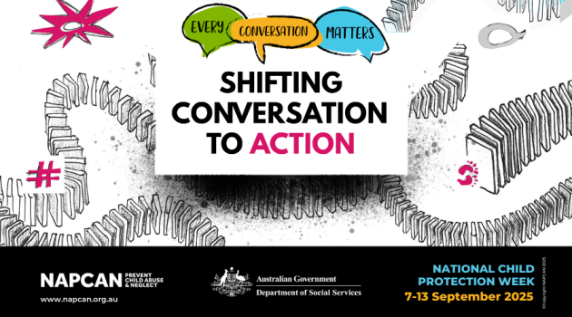 Drawings of dominos, stars and hashtags are shown. Text reads 'Every conversation matters, shifting conversation to action, National Child Protection Week 7-13 September'. NAPCAN and Department of Social Services logos are displayed.