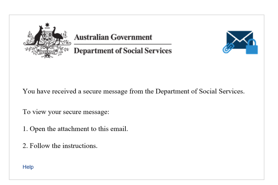 Screen shot of DSS Scam Alert showing the Department of Social Services official logo and requesting the user to open an attachment to view their 'secure message' and follow the instructions.
