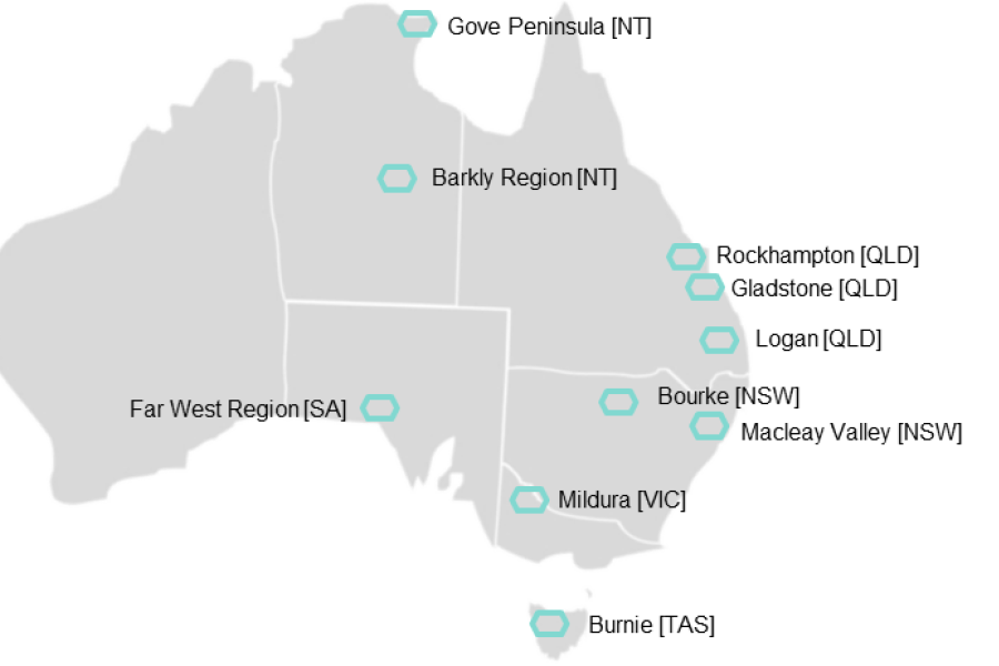 Stronger Places, Stronger People has commenced in 10 communities. These include: Logan, Rockhampton and Gladstone in Queensland; Bourke and the Macleay Valley (including Kempsey) in New South Wales; Mildura in Victoria; Burnie in Tasmania; the Far West Re