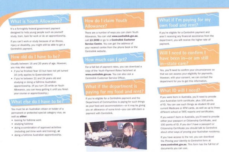 Centrelink Brochure targeting young people  transitioning from care