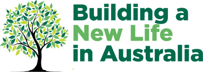 A tree with green leaves next to the words Building a New Life in Australia.