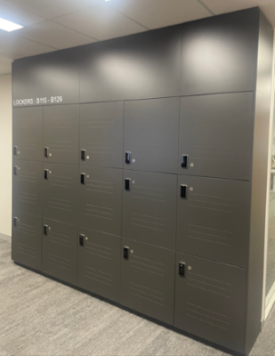 A locker unit with 3 rows of 5 lockers.