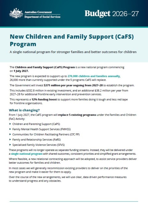 New Children and Family Support (CaFS) Program