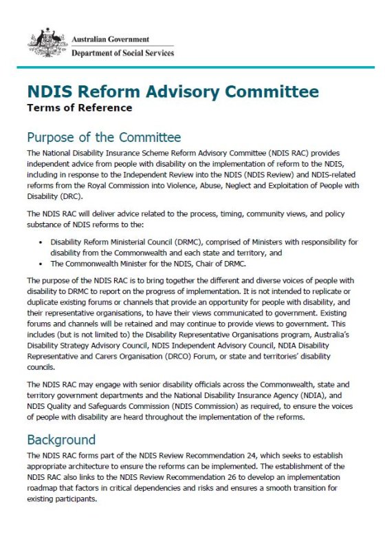 NDIS Reform Advisory Committee Terms of Reference