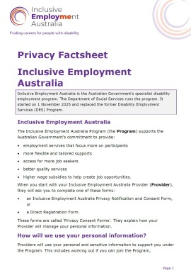 Cover of Privacy factsheet - Inclusive Employment Australia