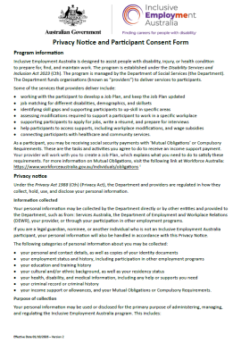 Privacy Notice and Participant Consent Form Inclusive Employment Australia